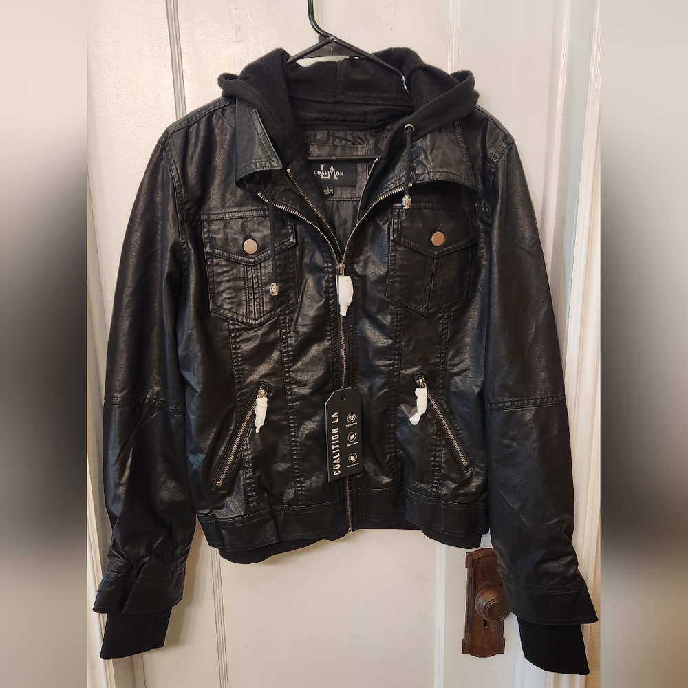 Black Faux Leather Jacket with Hoodie